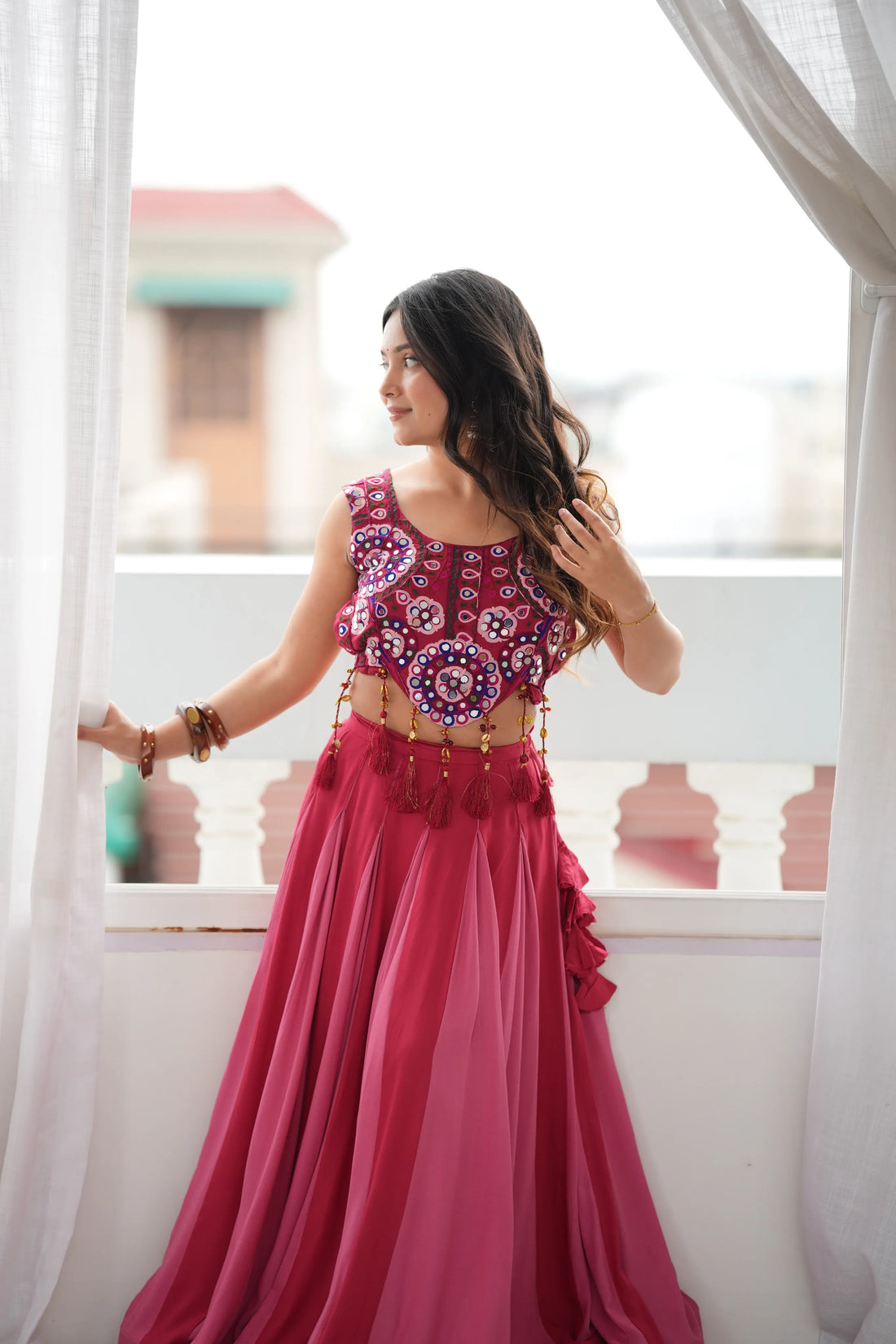 Premium Heavy Rayon Lehenga Choli with Fancy Lagdi Patta Lace & Real Mirror Work