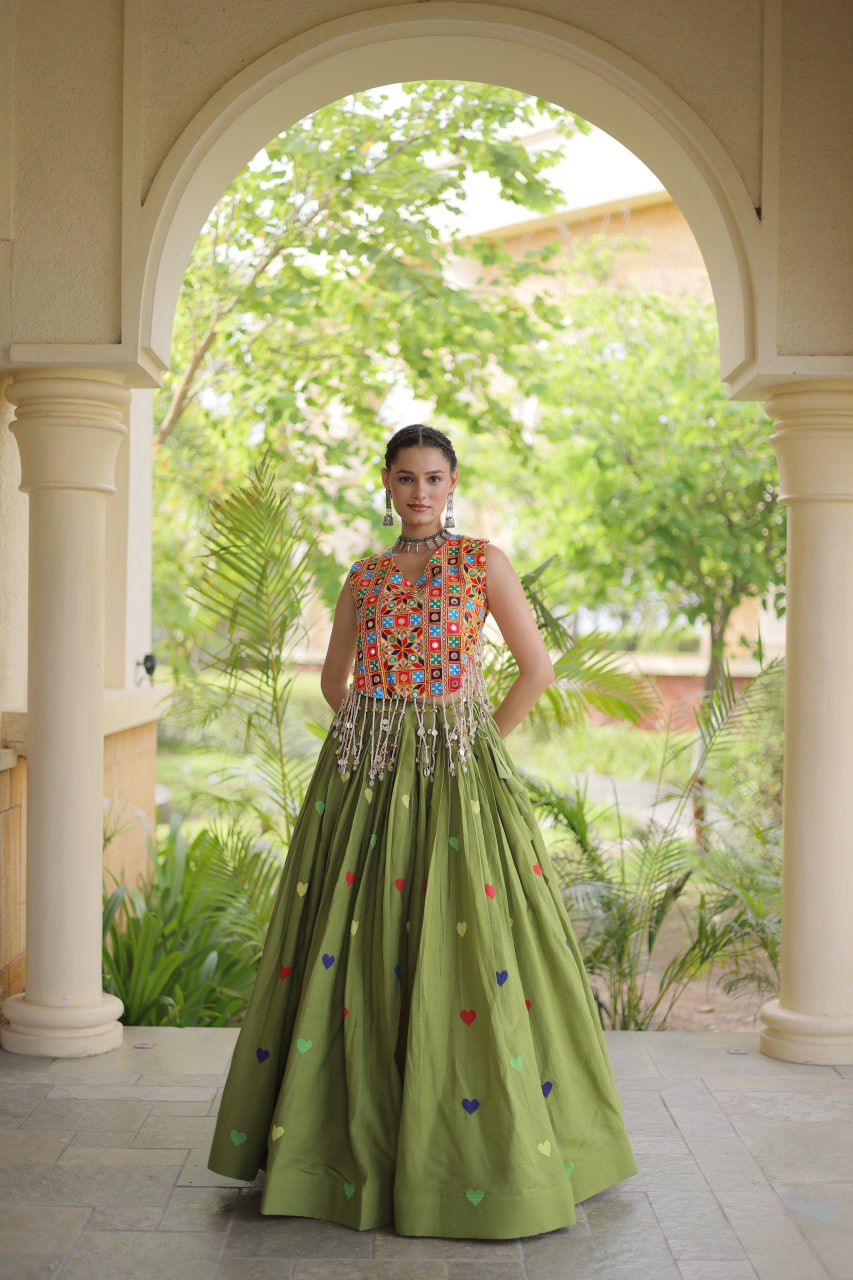 Premium Cora Cotton Navratri Lehenga Choli with Heart Thread Embroidery & Gamthi Mirror Work