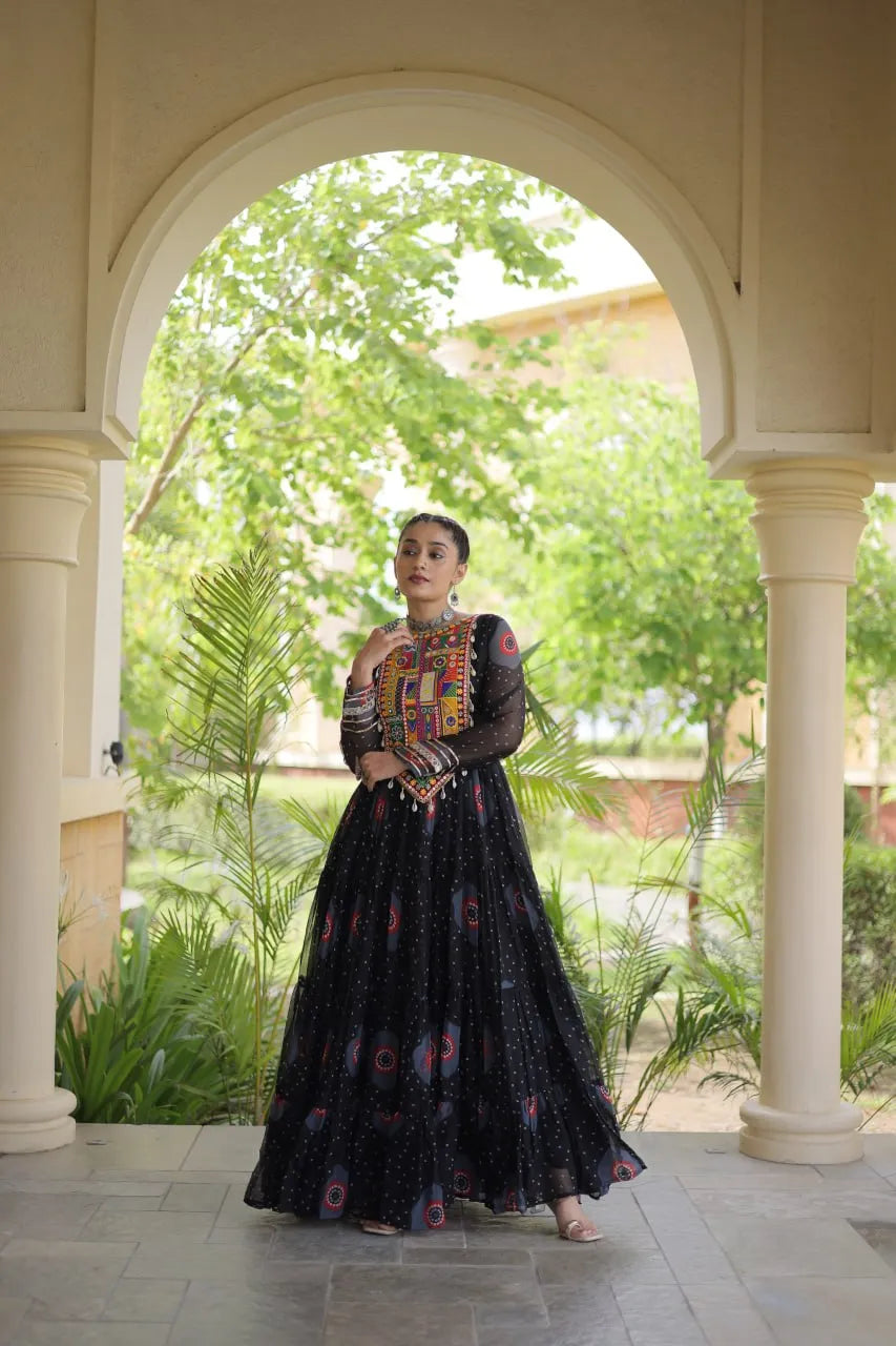 Premium Faux Georgette Navratri Gown with Bandhani Print & Kutchi Patchwork