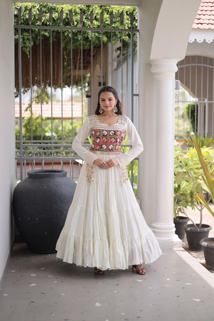 Reyon Navratri Gown with Kutchi Gamthi Embroidery & Mirror Work