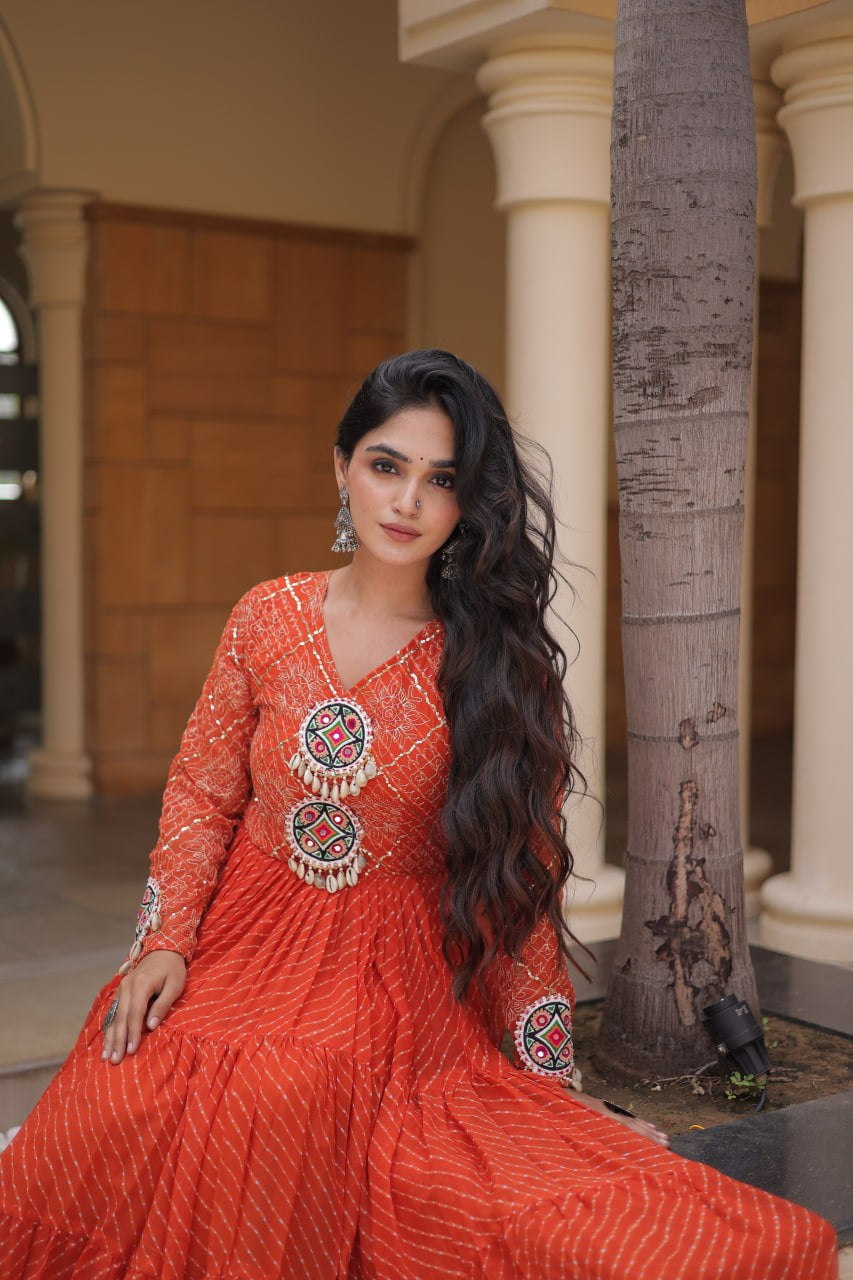 Premium Faux Georgette Navratri Gown with Laheriya Print & Kutchi Patchwork