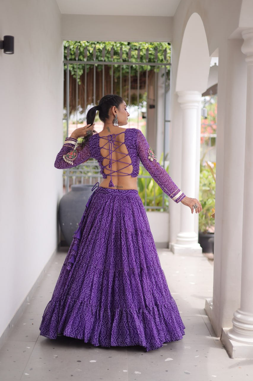 Premium Faux Georgette Bandhani Print Navratri Lehenga Choli with Kutchi Patchwork