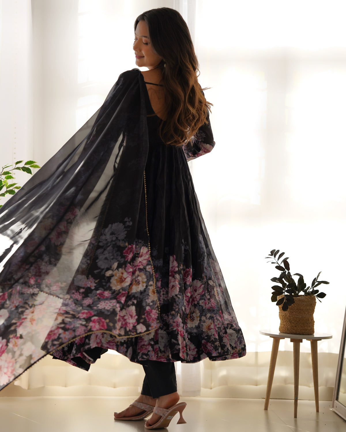 Premium Organza Silk Printed Anarkali Gown with Kali Flare, Canvas Patta & Gota Patti Dupatta