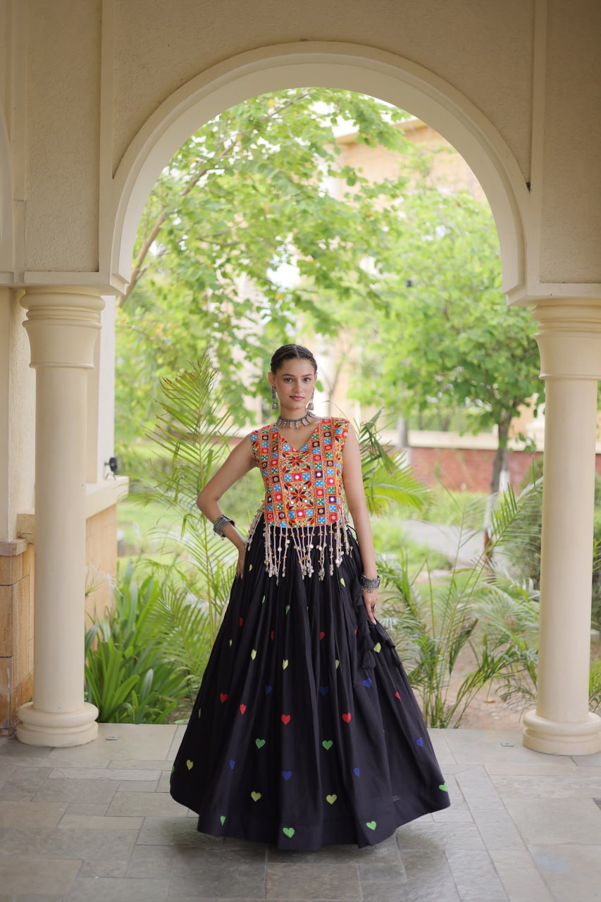 Premium Cora Cotton Navratri Lehenga Choli with Heart Thread Embroidery & Gamthi Mirror Work