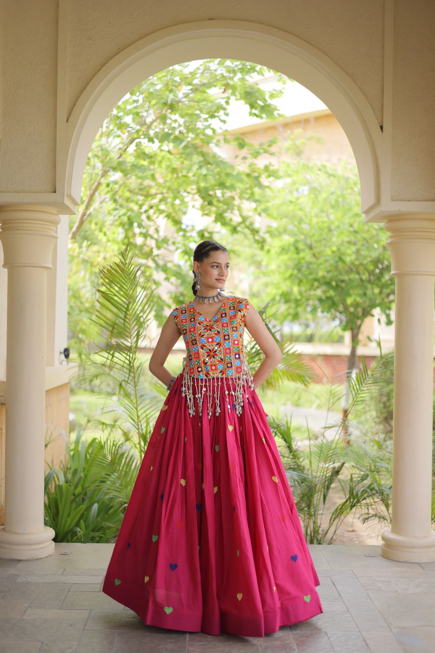Premium Cora Cotton Navratri Lehenga Choli with Heart Thread Embroidery & Gamthi Mirror Work