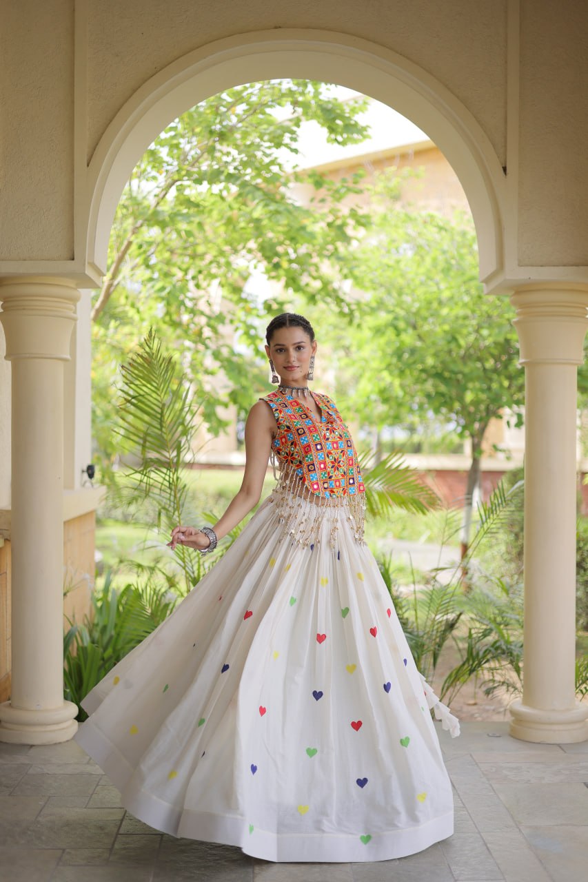 Premium Cora Cotton Navratri Lehenga Choli with Heart Thread Embroidery & Gamthi Mirror Work