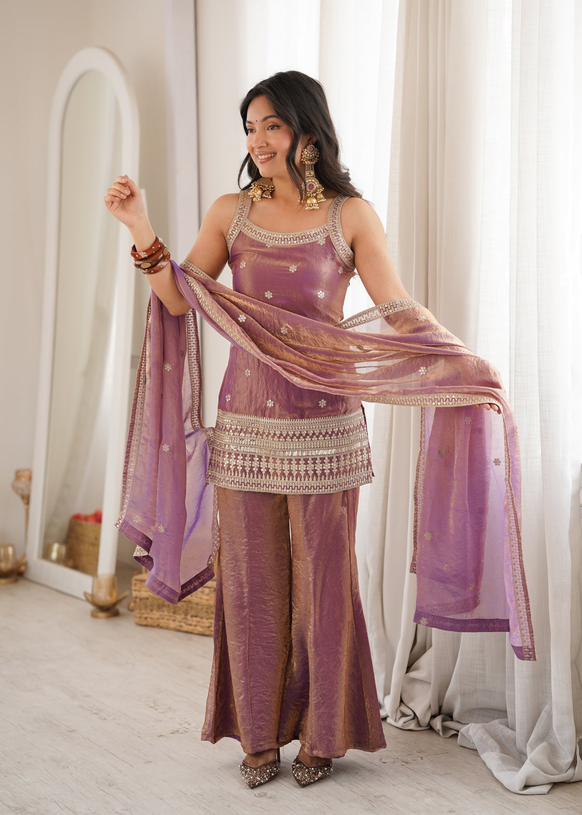 Premium Frendy Silk Embroidered Top & Bell Bottom Set with Dupatta