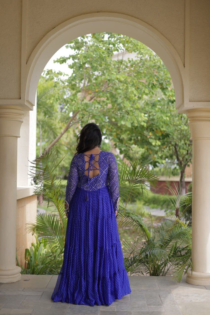 Premium Faux Georgette Navratri Gown with Laheriya Print & Kutchi Patchwork