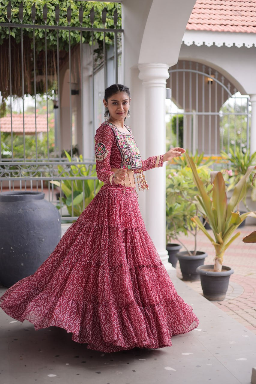 Premium Faux Georgette Bandhani Print Navratri Lehenga Choli with Kutchi Patchwork