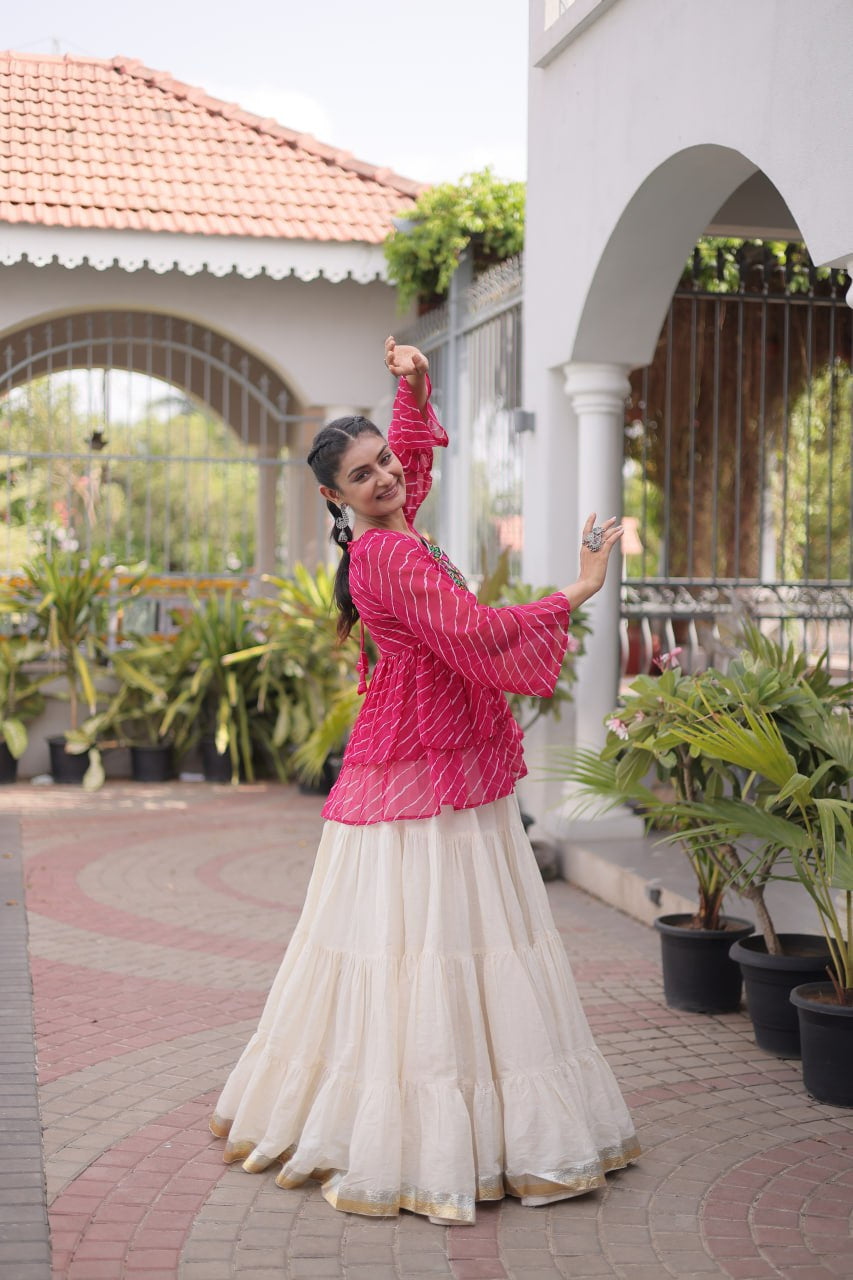 Premium Kora Cotton Navratri Lehenga Choli with Frill Stitching, Lampi Lace & Kutchi Gamthi Patchwork