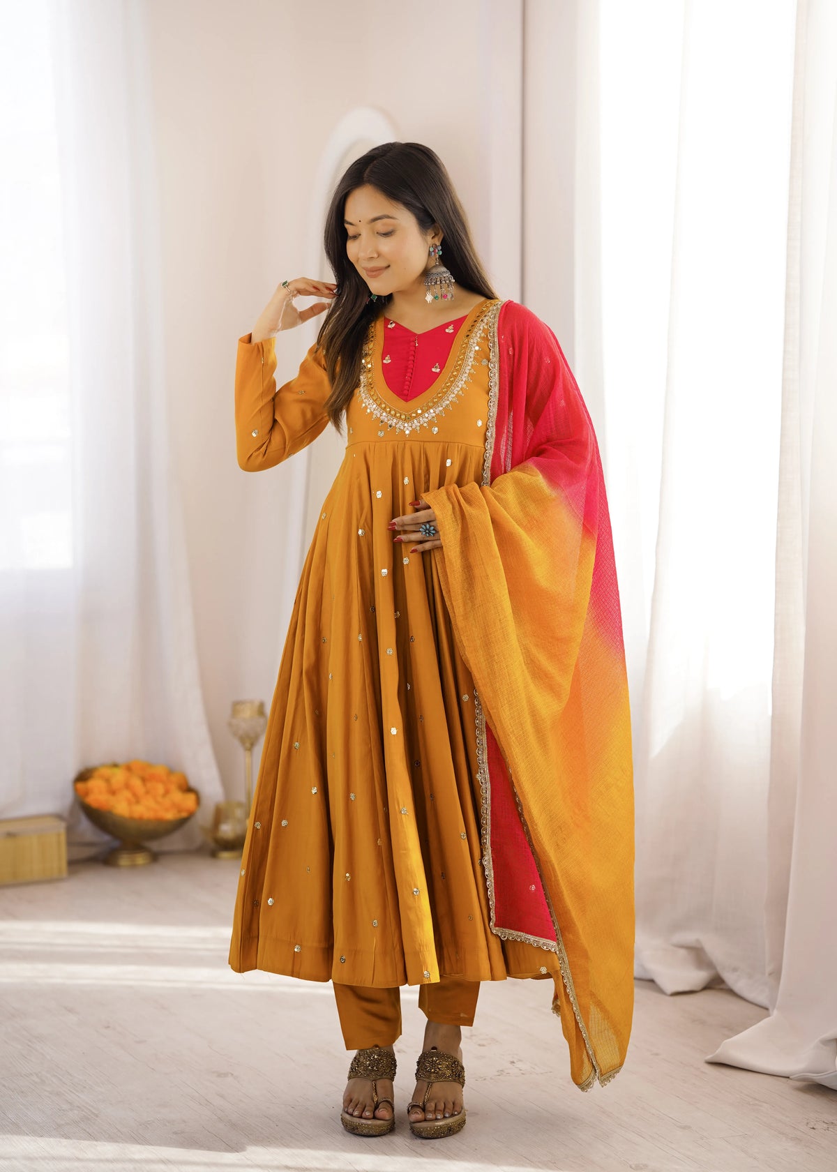 Premium Roman Silk Anarkali Gown with Embroidery, Sequin & Real Mirror Work