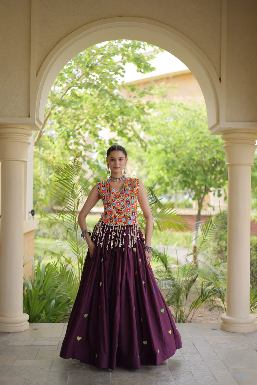 Premium Cora Cotton Navratri Lehenga Choli with Heart Thread Embroidery & Gamthi Mirror Work