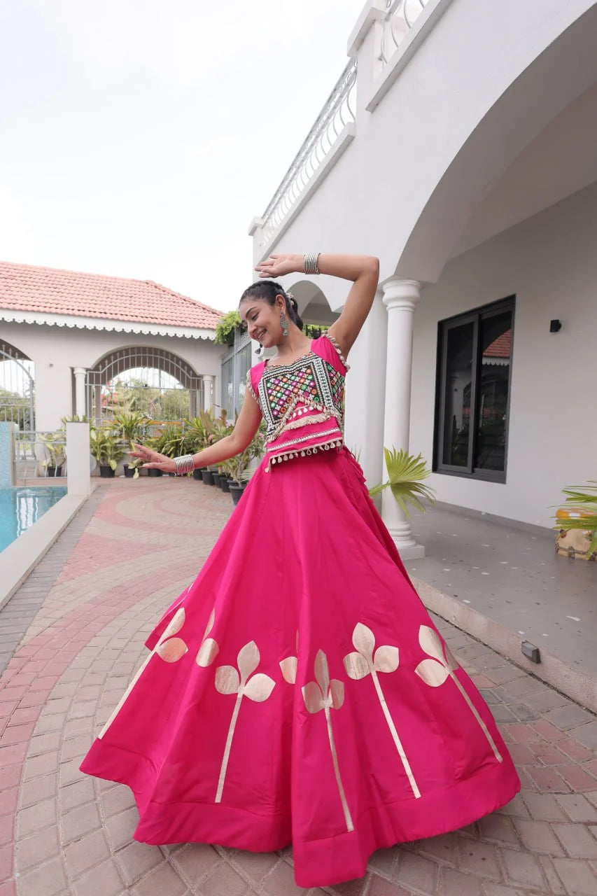 Premium Roman Silk Navratri Lehenga Choli with Pan-Patti Gota & Mirror Lace Work