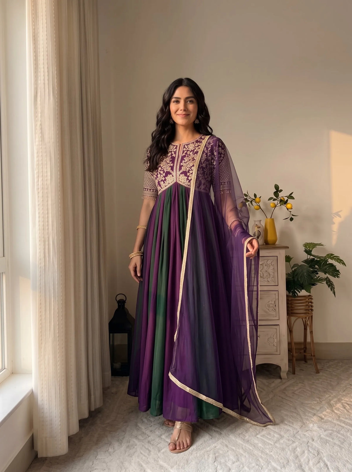 Premium NC Moss Silk Gown with Embroidery, Beads & Tassel Sleeves