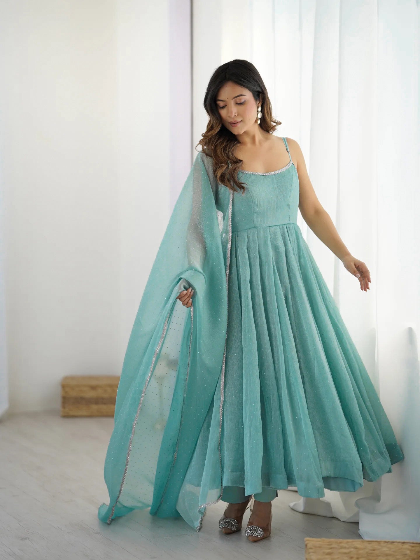 Premium Crunchy Silk Anarkali Gown Set with SiroSki Work, Dupatta & Pant