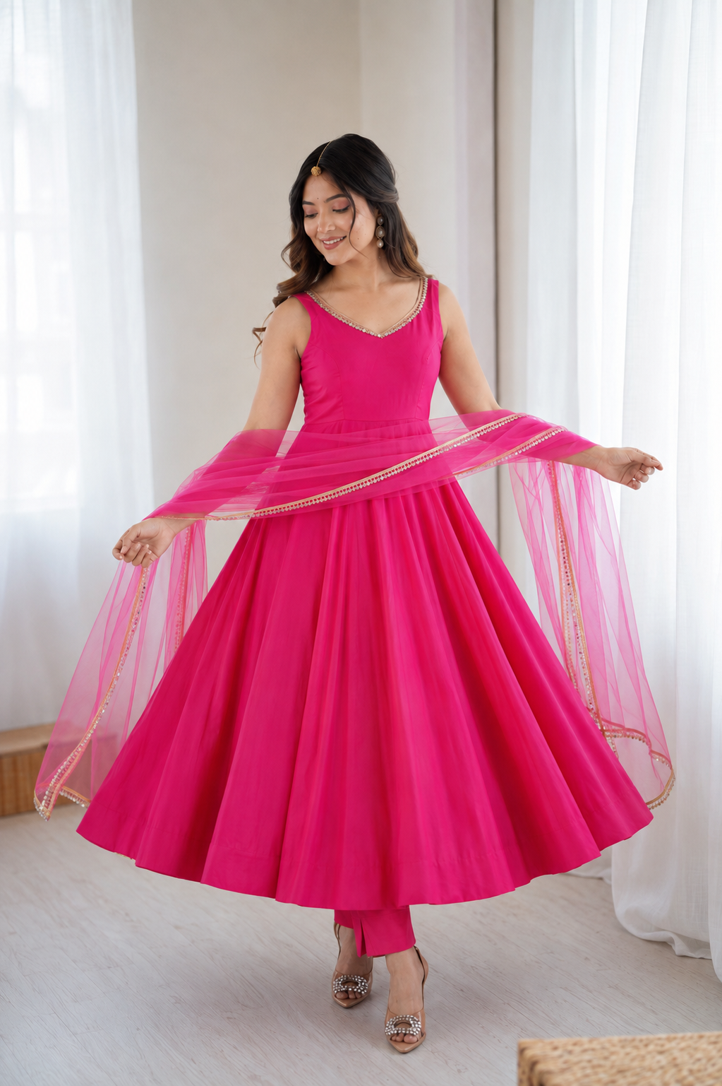 Premium Pure Romansilk Chanderi 4 Meter Flared Anarkali Gown Set