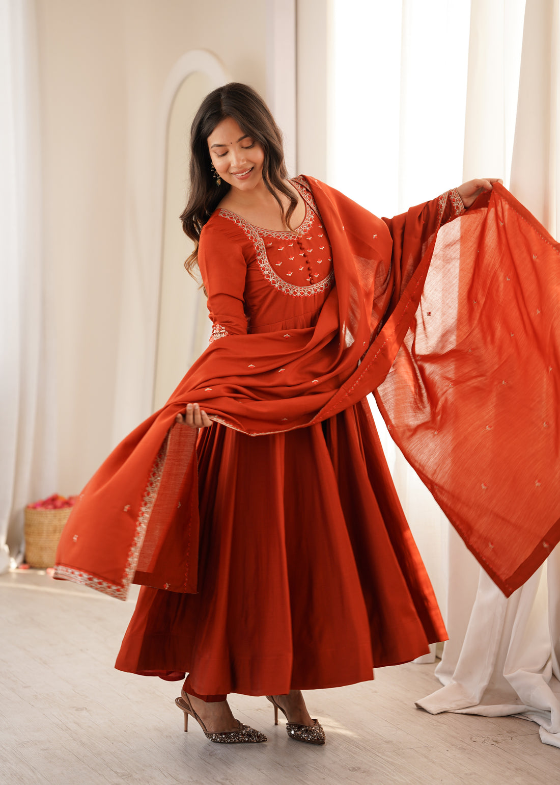 Premium Roman Chanderi Silk Anarkali Gown with Thread & Jari Work