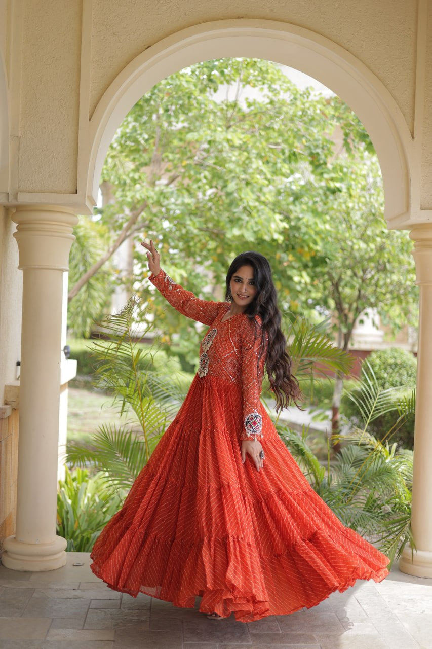 Premium Faux Georgette Navratri Gown with Laheriya Print & Kutchi Patchwork