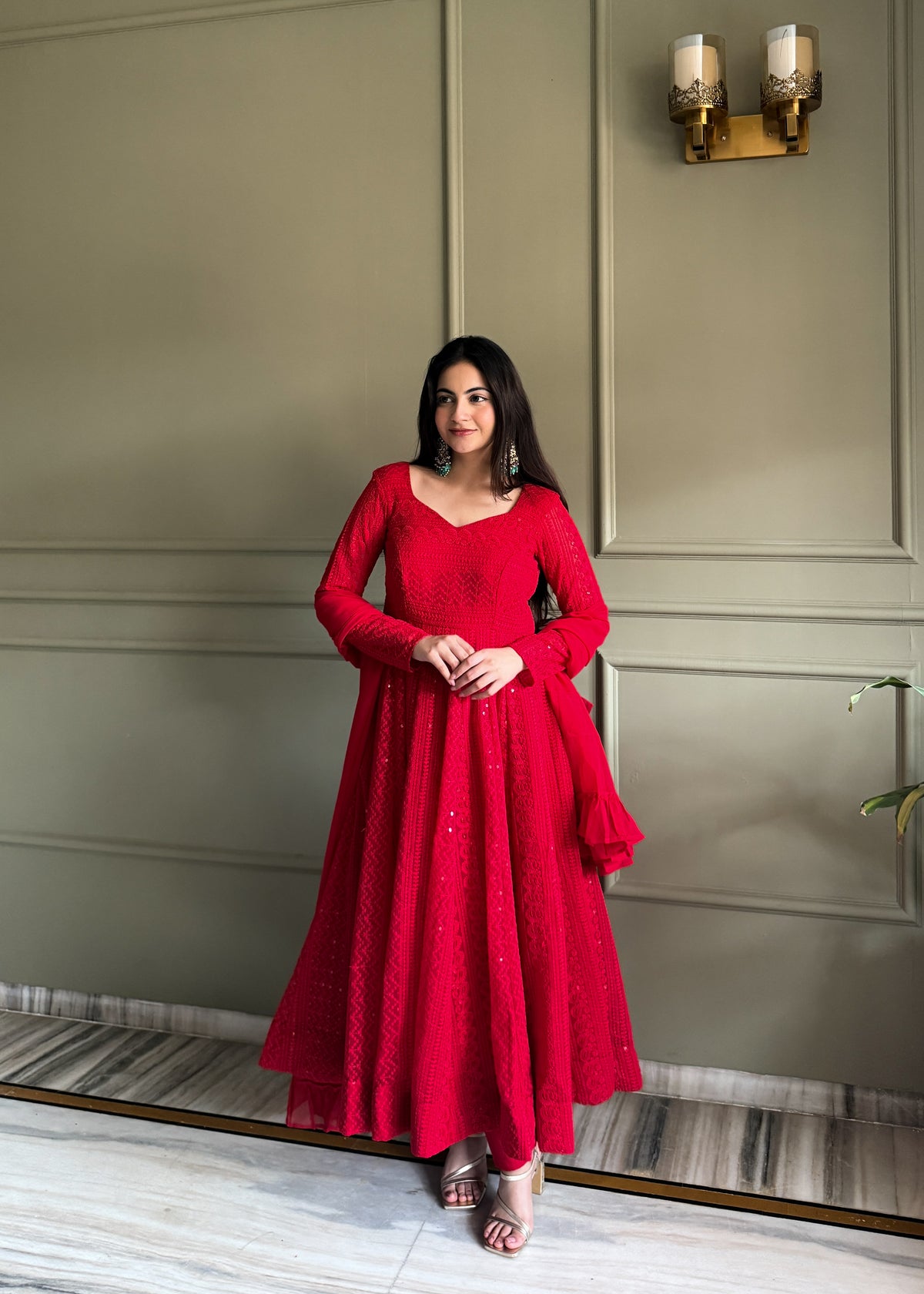 Premium Lukhnowi Fox Georgette Anarkali Suit Set with Sequin & Thread Work