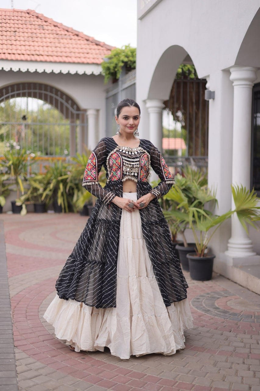 Premium Kora Cotton Navratri Lehenga with Laheriya Print & Kutchi Patchwork Kurti