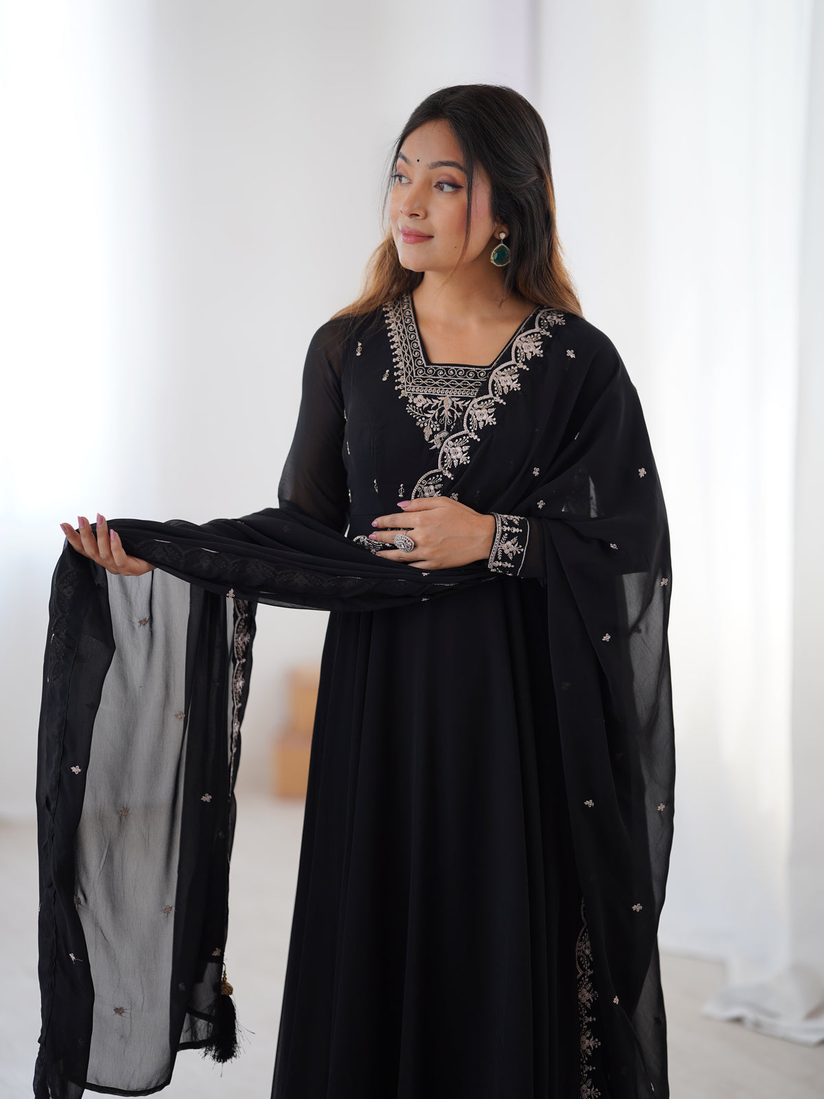 Premium Fox Georgette Anarkali Suit with Beads, Jari Work, 6.5 Meter Flair & Embellished Dupatta