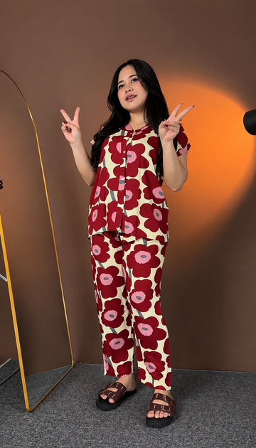 Cream & Maroon Floral Rayon Co-Ord Set for Women | Premium Ready-to-Wear Outfit