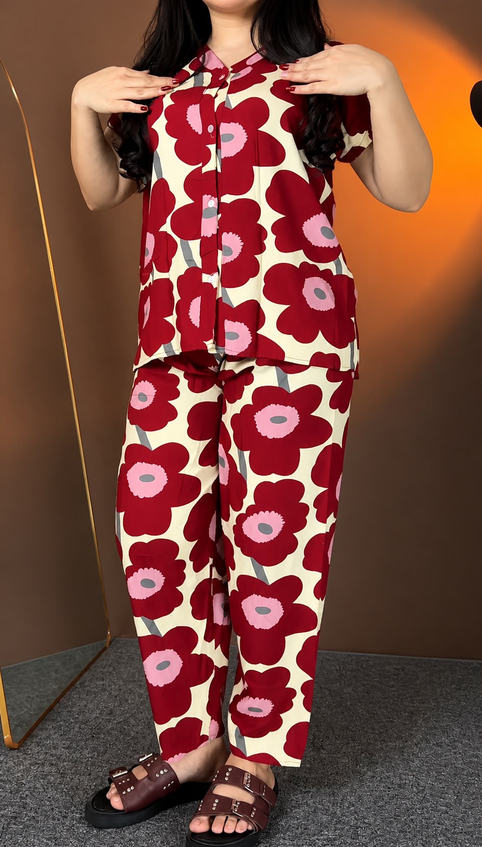 Cream & Maroon Floral Rayon Co-Ord Set for Women | Premium Ready-to-Wear Outfit
