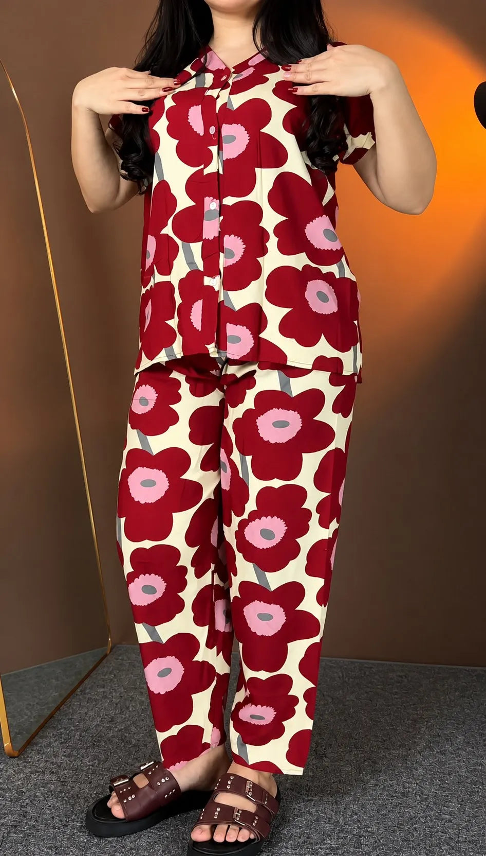 Cream & Maroon Floral Rayon Co-Ord Set for Women | Premium Ready-to-Wear Outfit