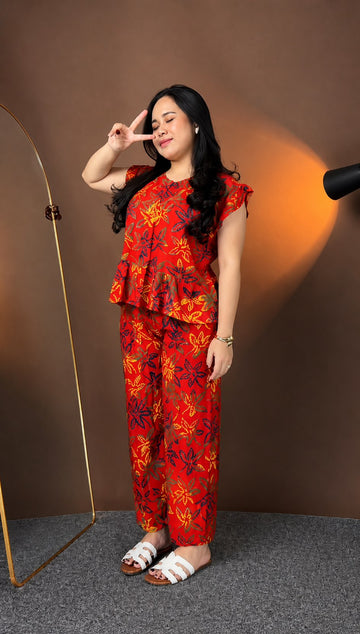 Red Floral Printed Rayon Co-Ord Set for Women | Stylish Peplum Top & Pants Set