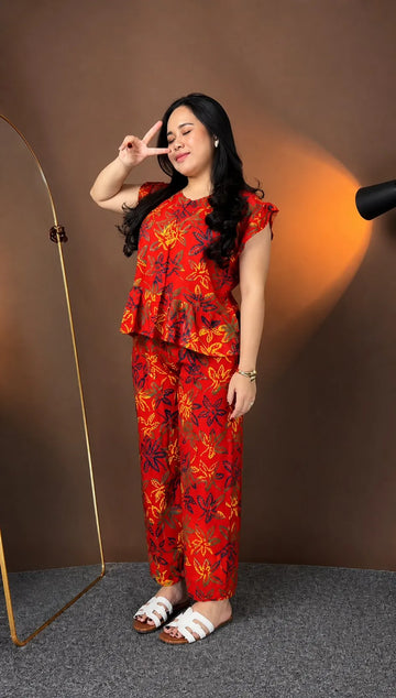 Red Floral Printed Rayon Co-Ord Set for Women | Stylish Peplum Top & Pants Set