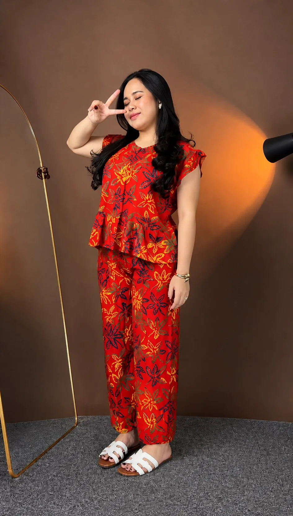 Red Floral Printed Rayon Co-Ord Set for Women | Stylish Peplum Top & Pants Set
