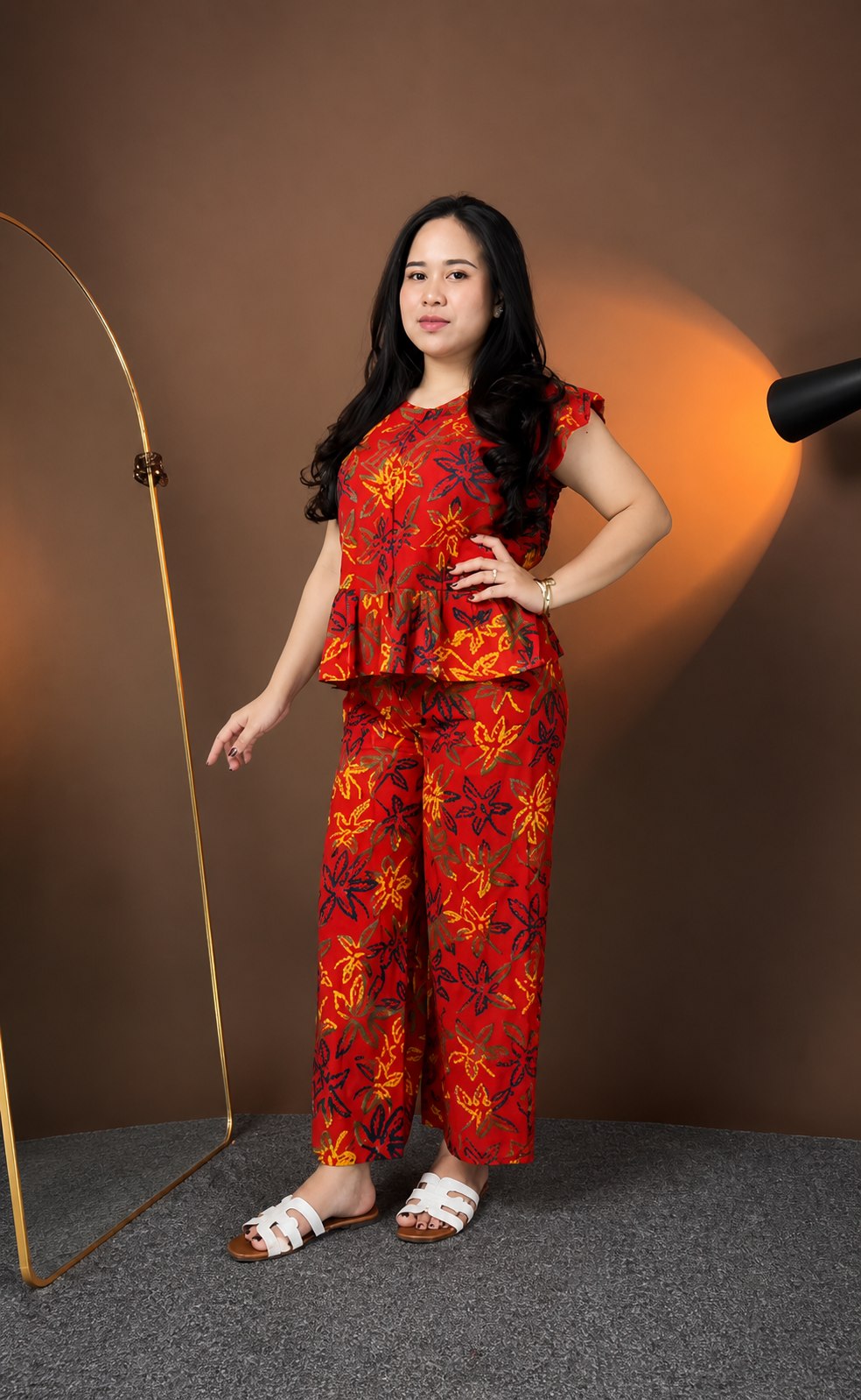 Red Floral Printed Rayon Co-Ord Set for Women | Stylish Peplum Top & Pants Set