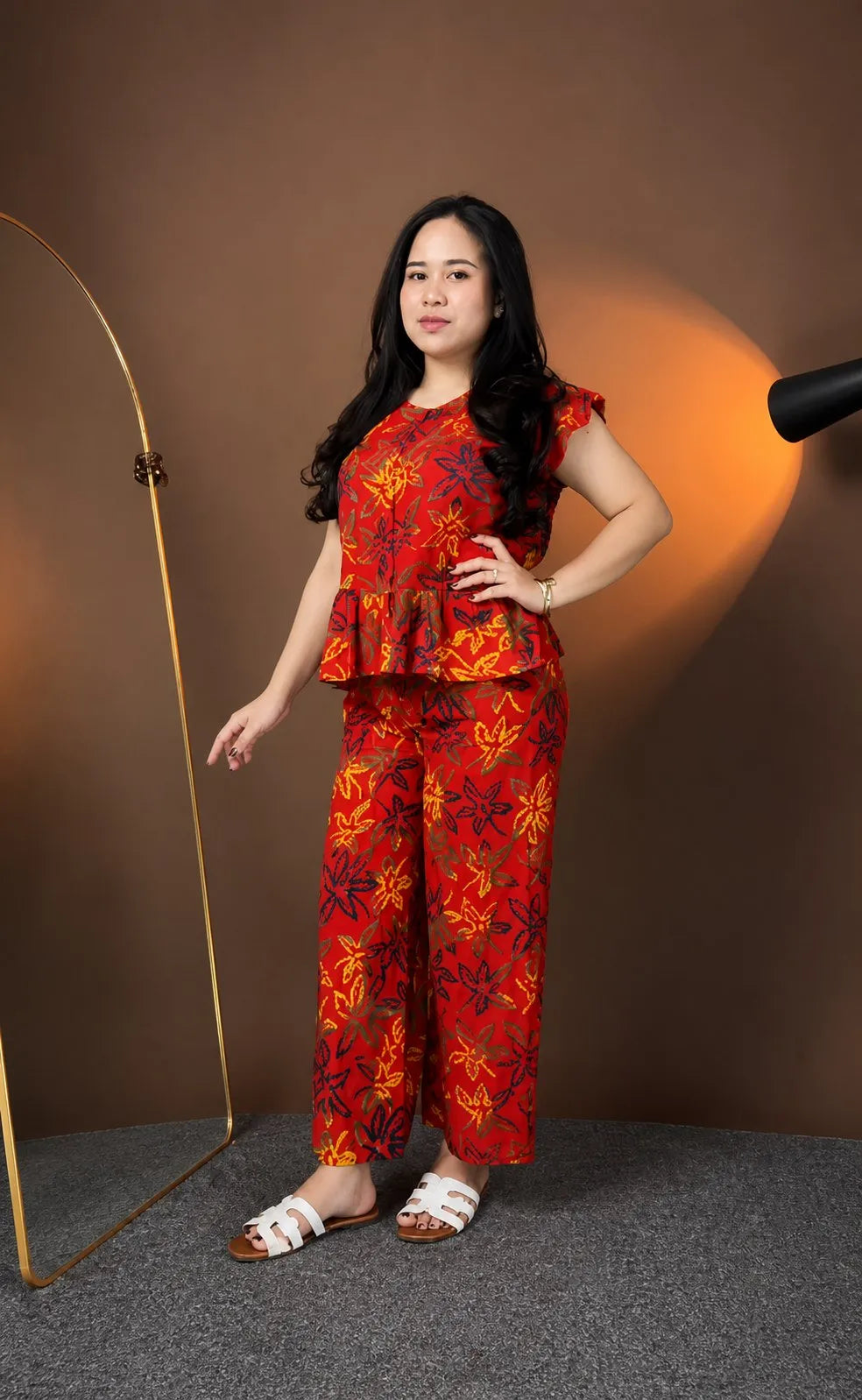Red Floral Printed Rayon Co-Ord Set for Women | Stylish Peplum Top & Pants Set