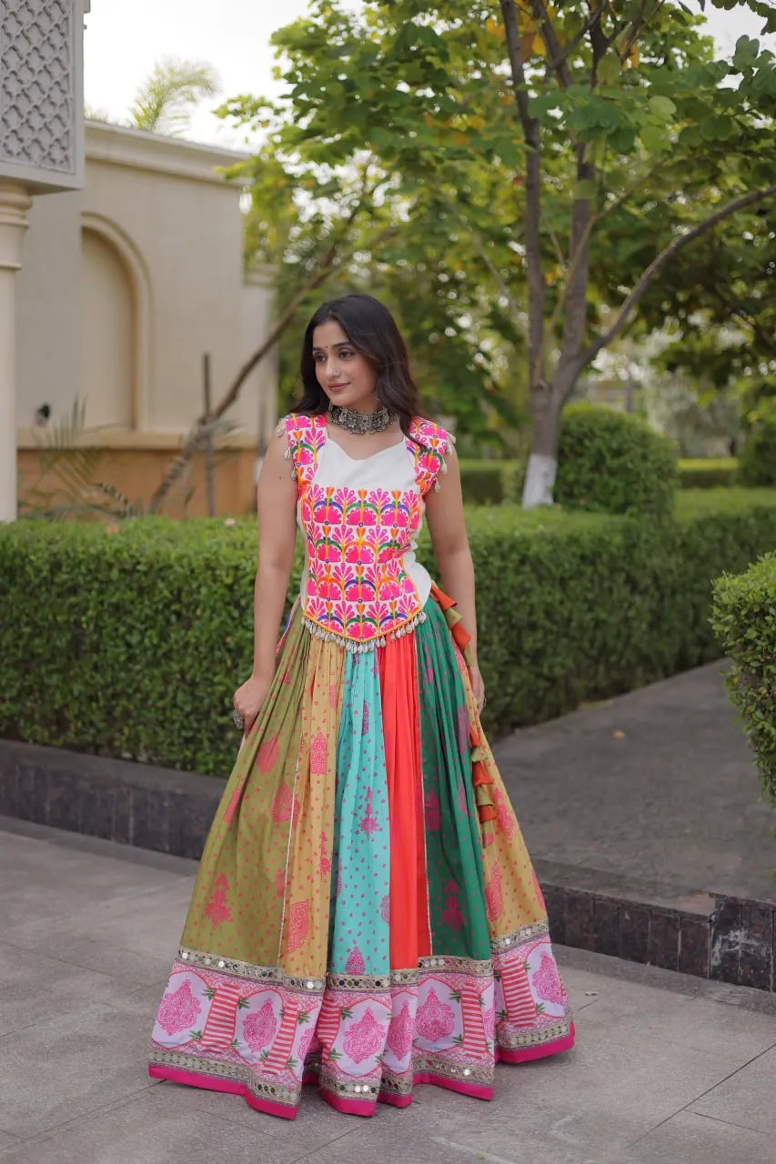 Premium Cotton Printed Navratri Lehenga Choli with Real Mirror Lace & Kutchi Gamthi Work
