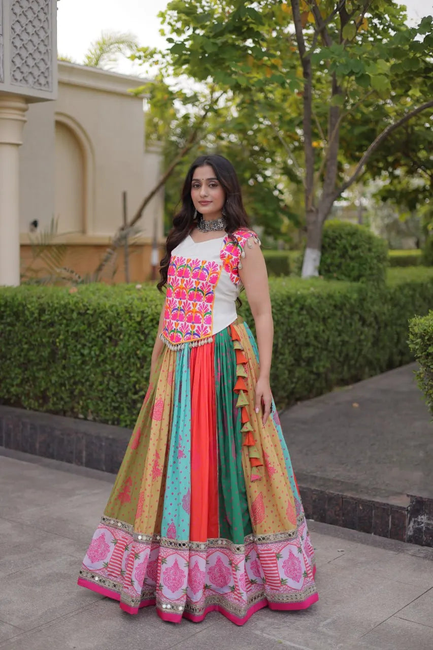 Premium Cotton Printed Navratri Lehenga Choli with Real Mirror Lace & Kutchi Gamthi Work