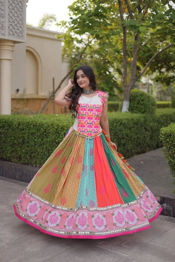 Premium Cotton Printed Navratri Lehenga Choli with Real Mirror Lace & Kutchi Gamthi Work