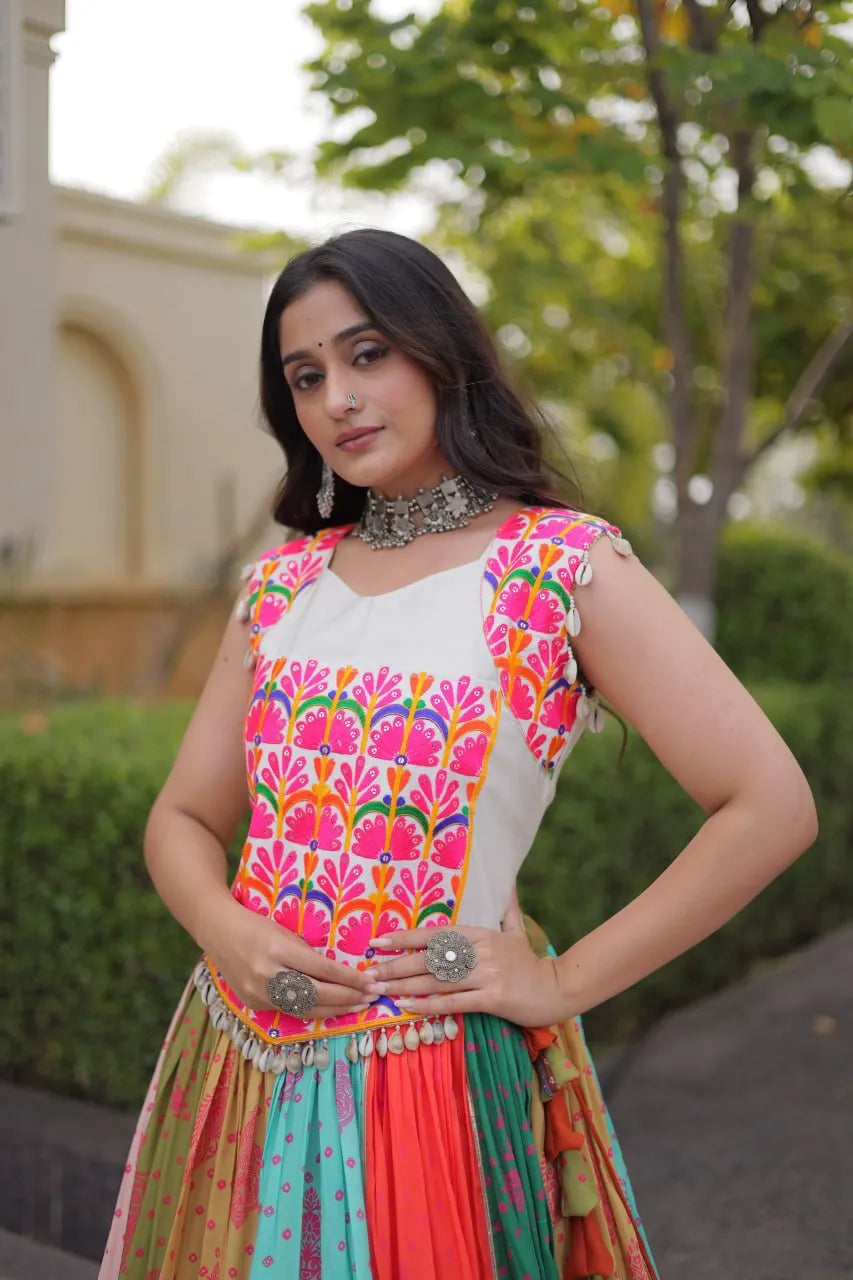 Premium Cotton Printed Navratri Lehenga Choli with Real Mirror Lace & Kutchi Gamthi Work