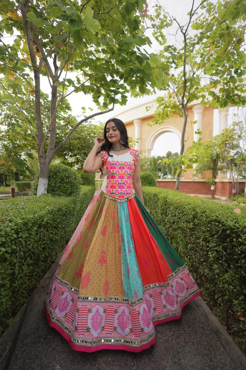 Premium Cotton Printed Navratri Lehenga Choli with Real Mirror Lace & Kutchi Gamthi Work
