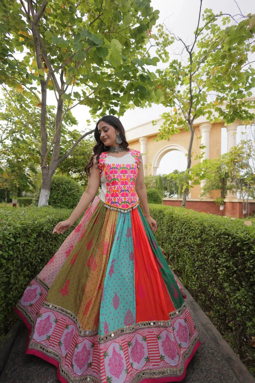 Premium Cotton Printed Navratri Lehenga Choli with Real Mirror Lace & Kutchi Gamthi Work