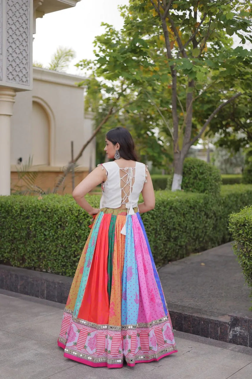 Premium Cotton Printed Navratri Lehenga Choli with Real Mirror Lace & Kutchi Gamthi Work