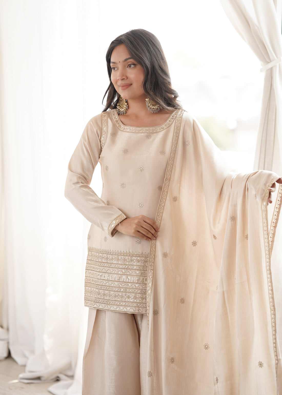 Premium Glass Roman Silk Top & Farshi Shalwar Set with Embroidery, Sequin, Dori & Jari Work