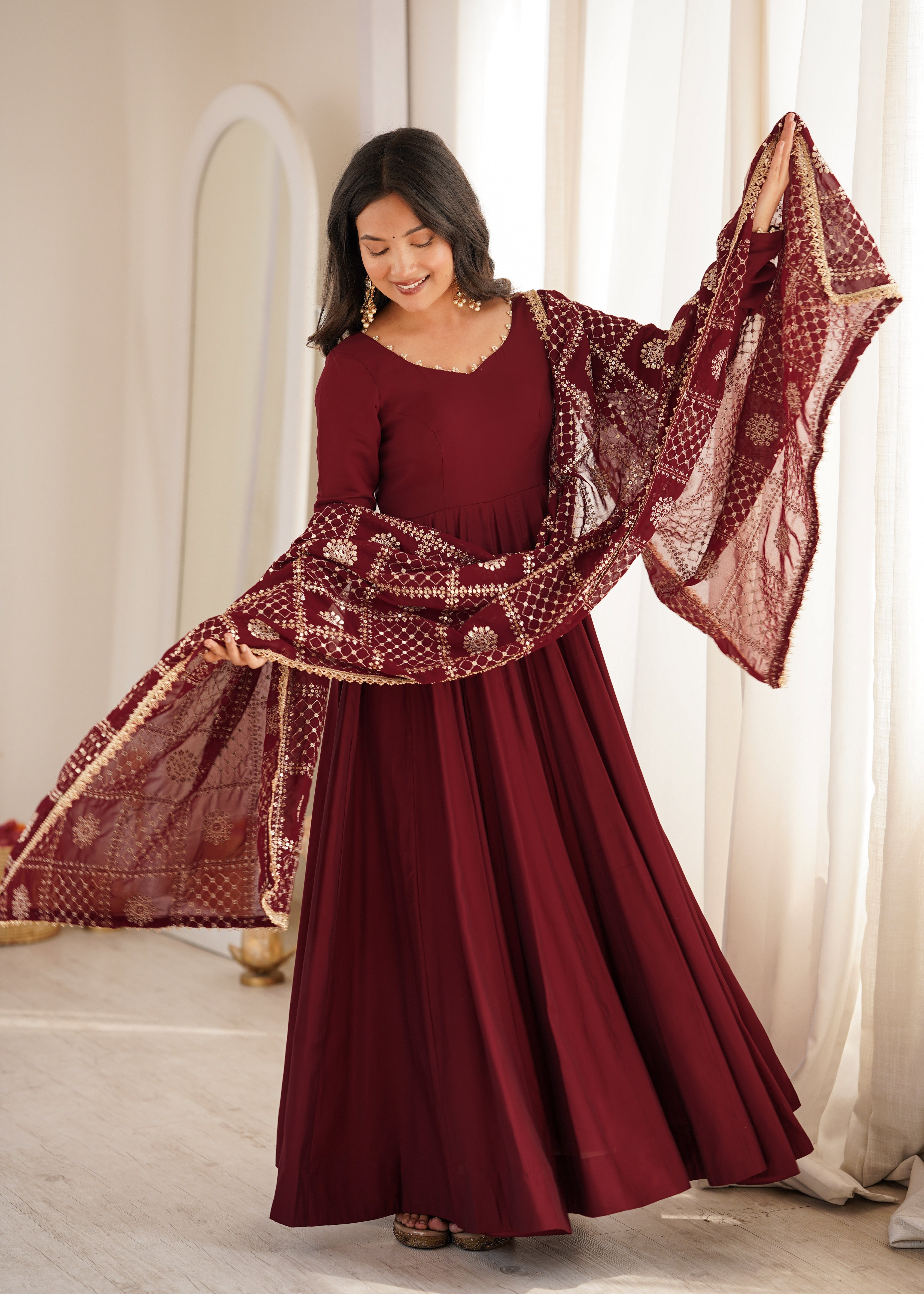 Premium Pure Romansilk Chanderi Fully Flared Anarkali Gown Set