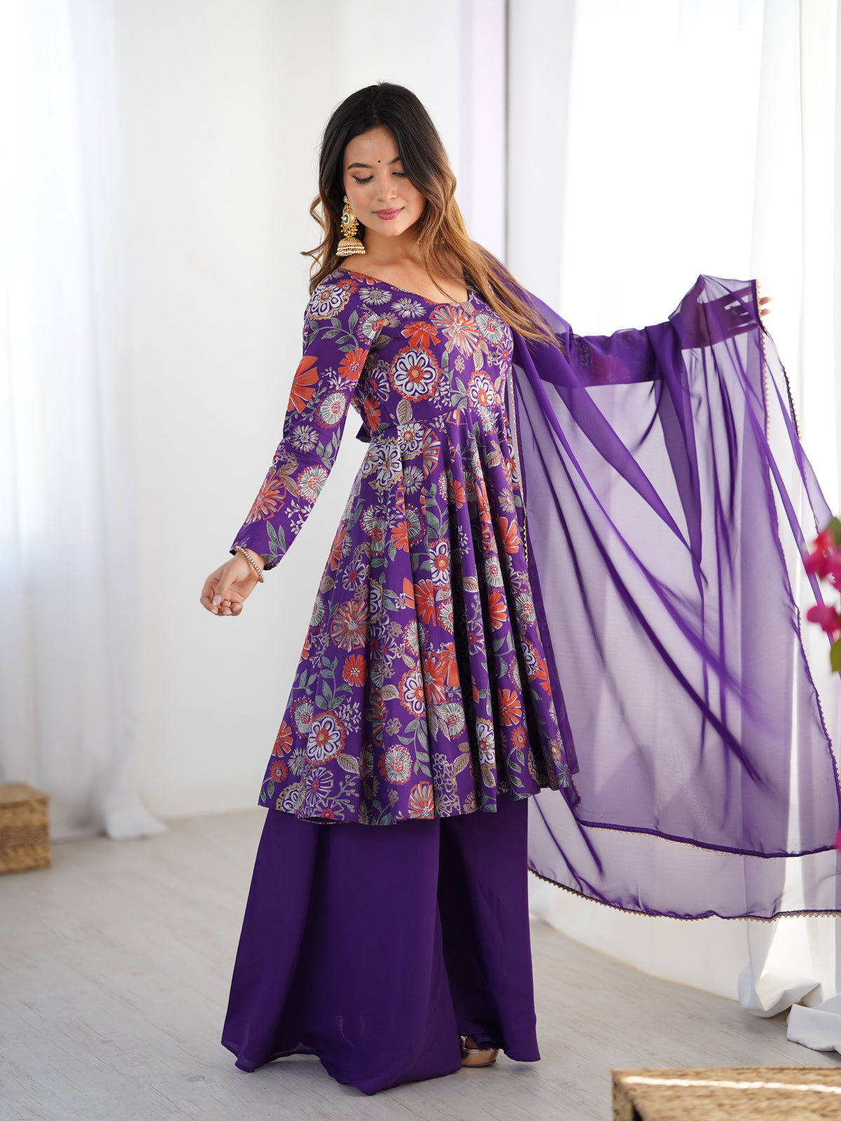 Premium Roman Silk Chanderi Discharge Print Kediya Kurta Set with Organza Dupatta & Palazzo