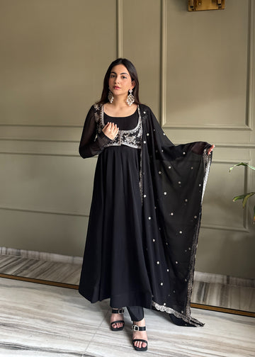 Premium Fox Georgette Anarkali Gown with Koti, Embroidery, Sequin & Jari Work