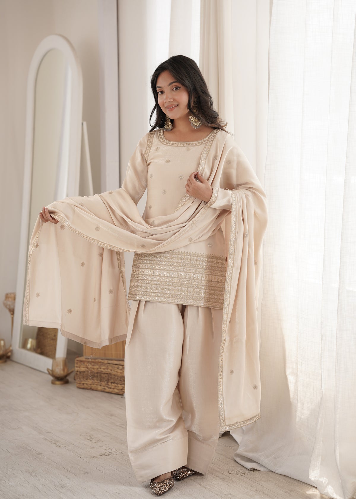 Premium Glass Roman Silk Top & Farshi Shalwar Set with Embroidery, Sequin, Dori & Jari Work