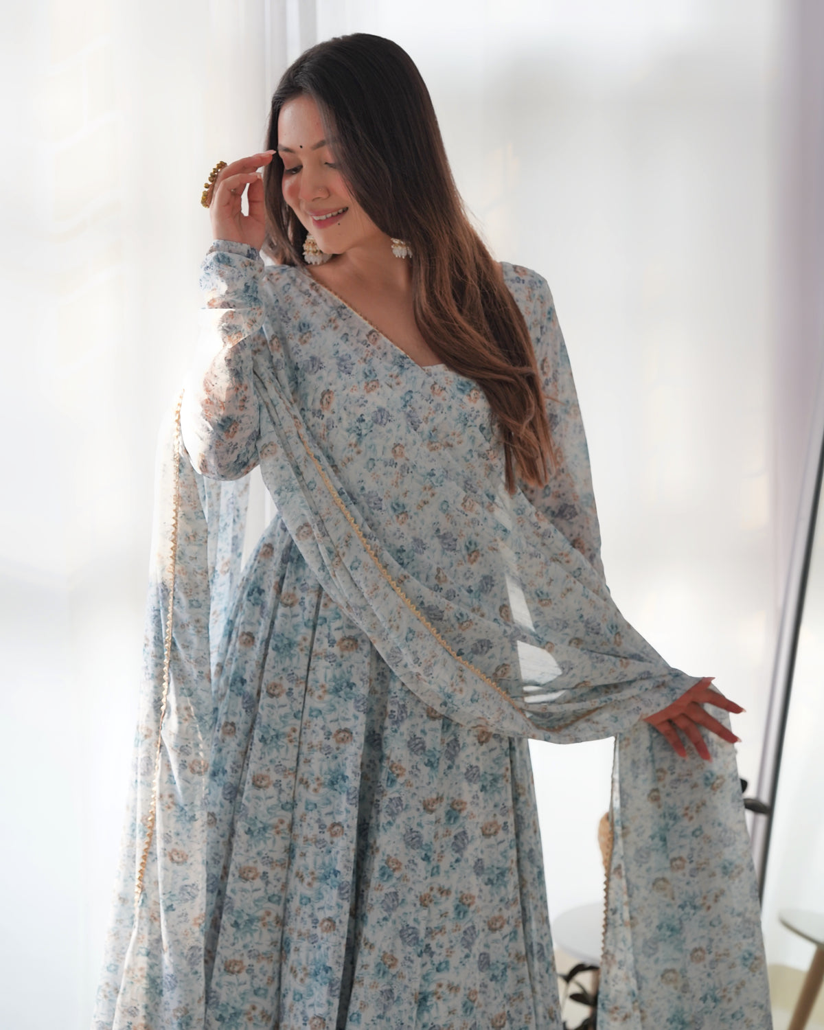 Premium Orange Chiffon Floral Print Anarkali Suit with Potli Buttons, Padded Design & Lace Dupatta