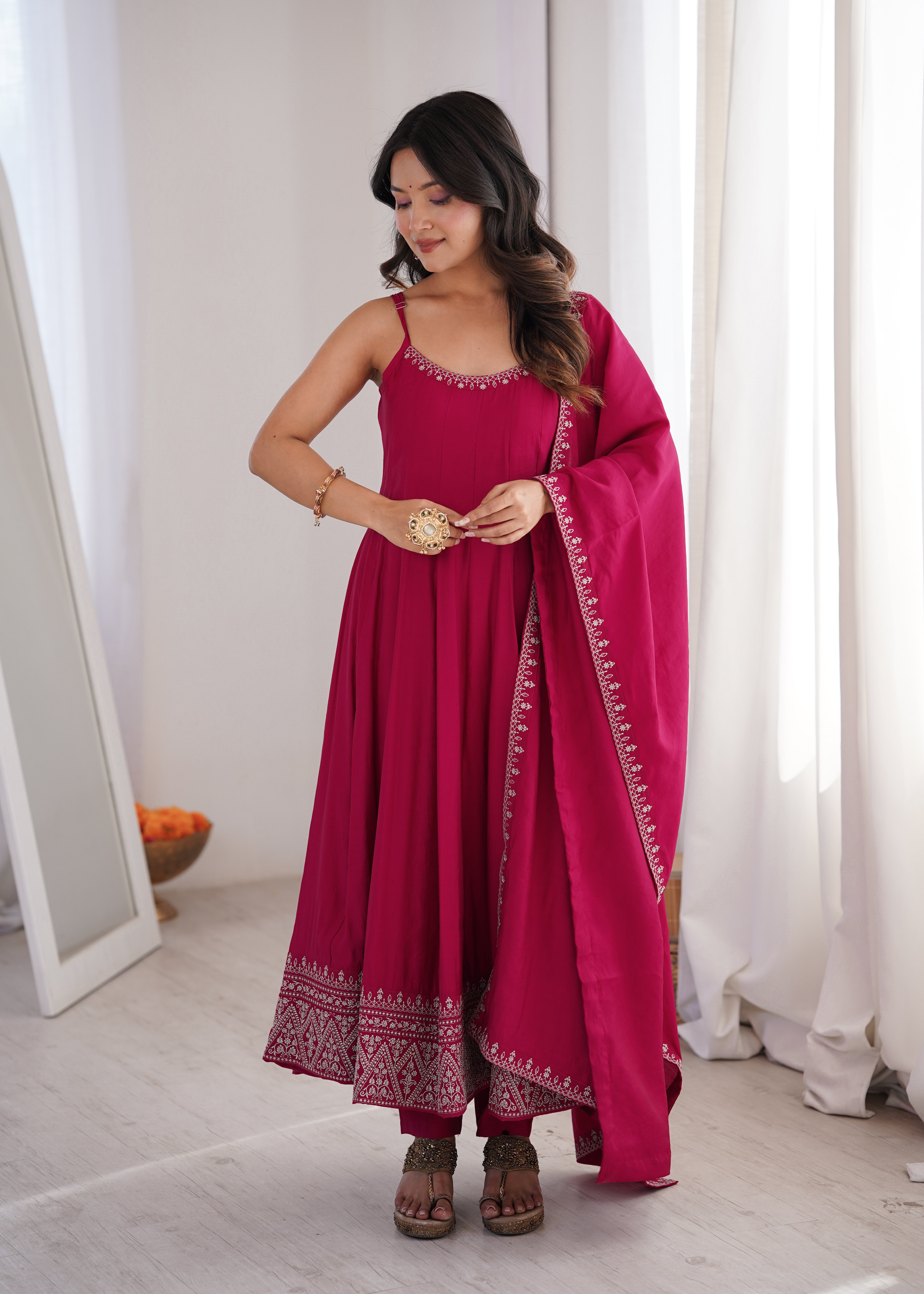 Premium Pure Romansilk Chanderi Flared Anarkali Gown Set