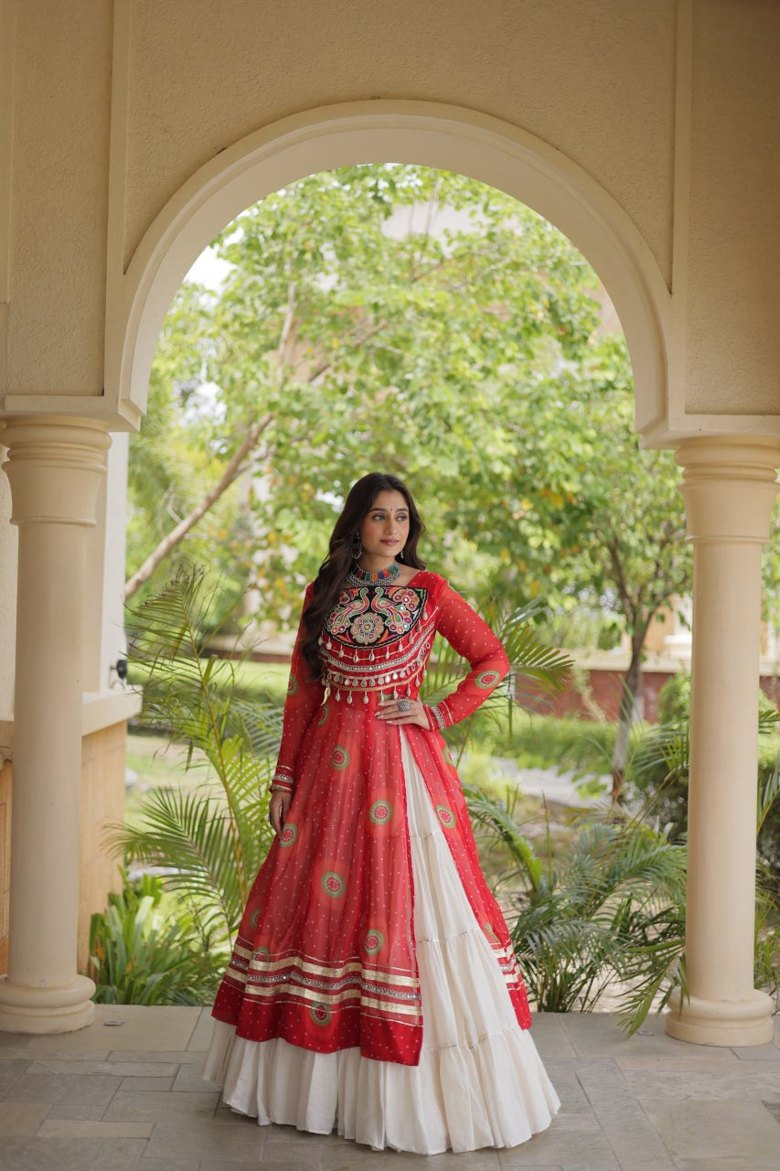 Premium Kora Cotton Navratri Lehenga with Bandhani Print & Kutchi Patchwork Kurti