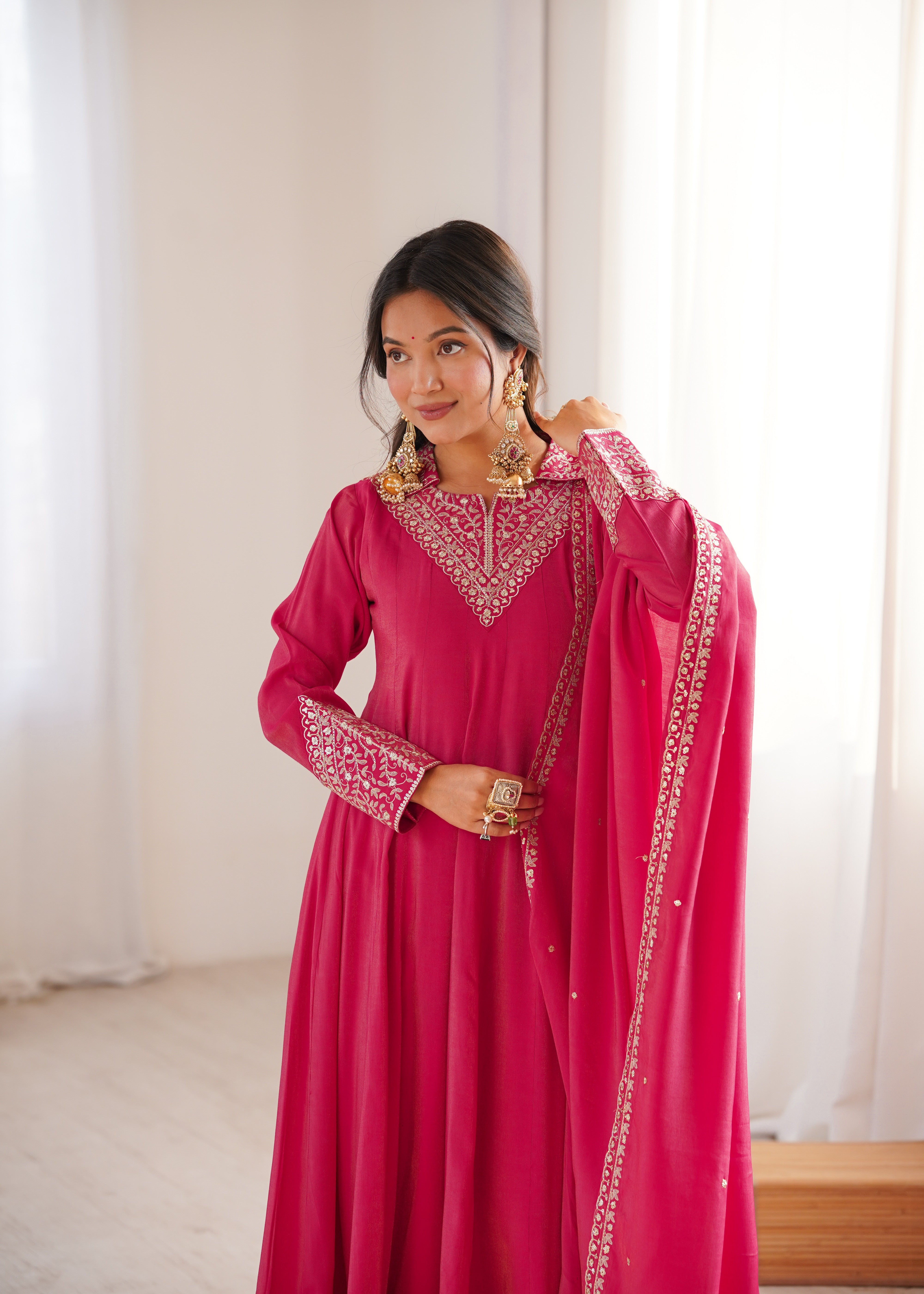Premium Pure Roman Shimmer Silk Fully Flared Anarkali Gown Set