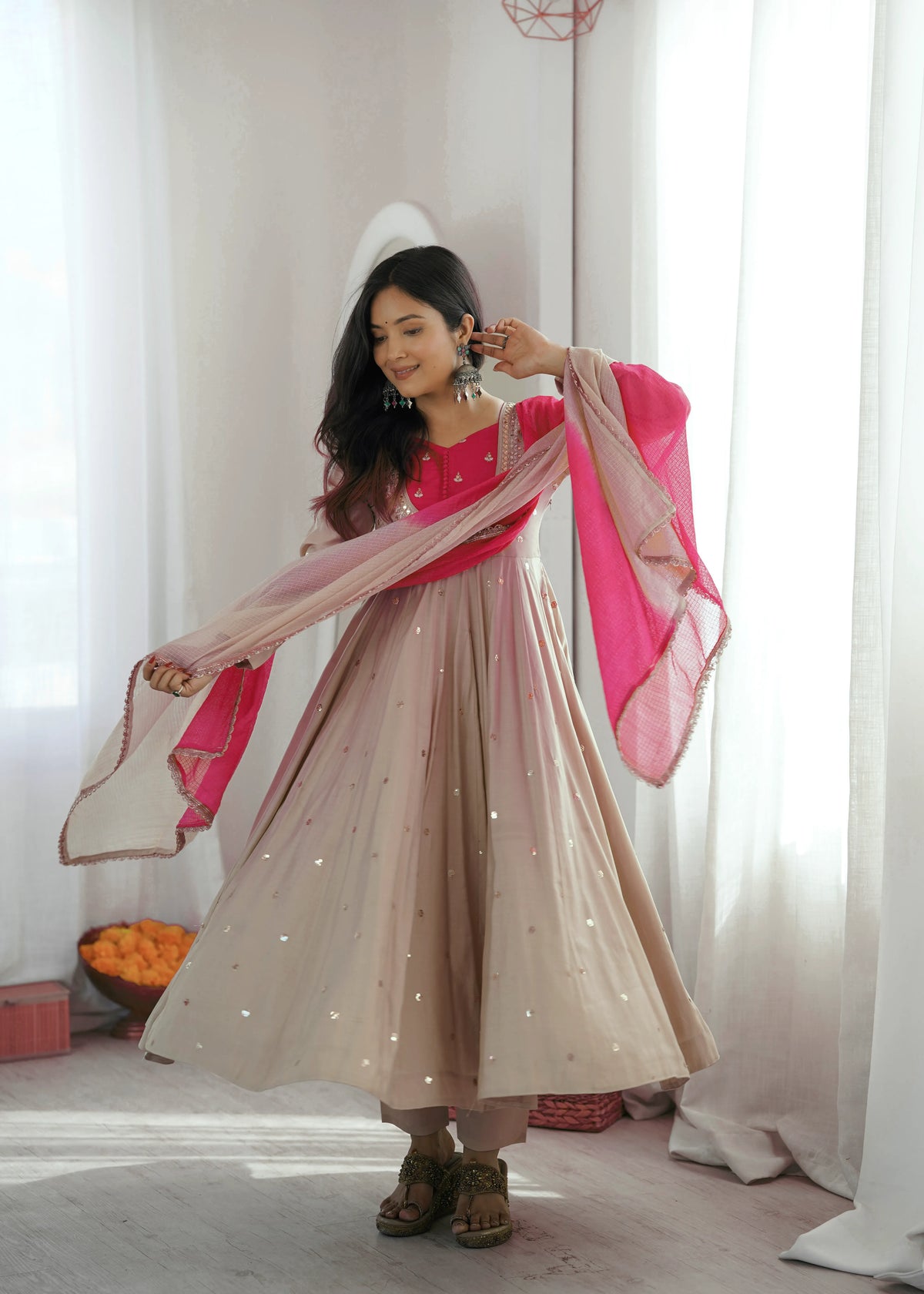 Premium Roman Silk Anarkali Gown with Embroidery, Sequin & Real Mirror Work